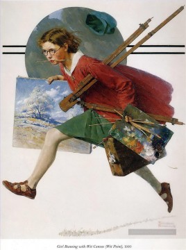 ノーマン・ロックウェル Painting - 濡れたキャンバスで走る少女 ノーマン・ロックウェル